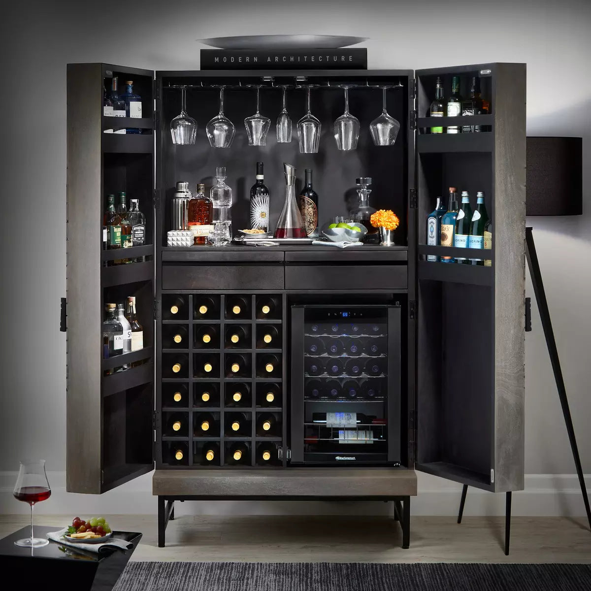 Cheverny Metal Inlay Bar Cabinet  (Smoke Gray Finish) | Wine Enthusiast | Wine Cabinet | 3370204N
